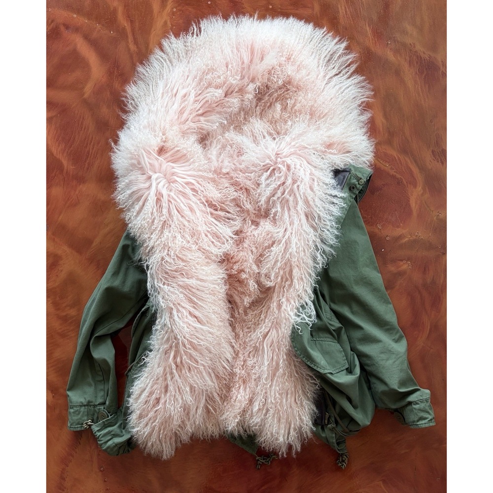 Rebecca Minkoff Pink Genuine Mongolian Lamb Fur Green Cargo Jacket XXS